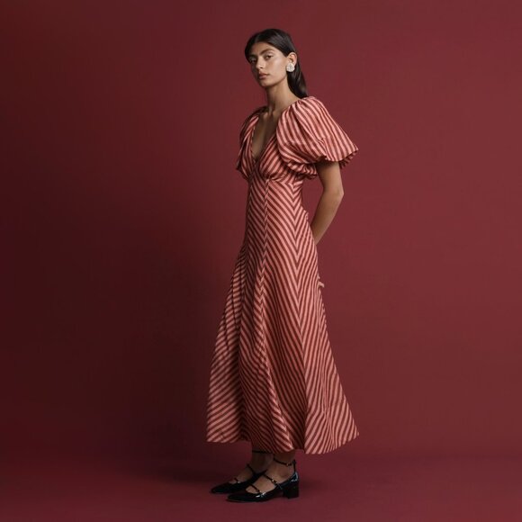 Lovaan | Tess Puff-Sleeve Linen-SIlk Midi Dress | NWT - Picture 2 of 8
